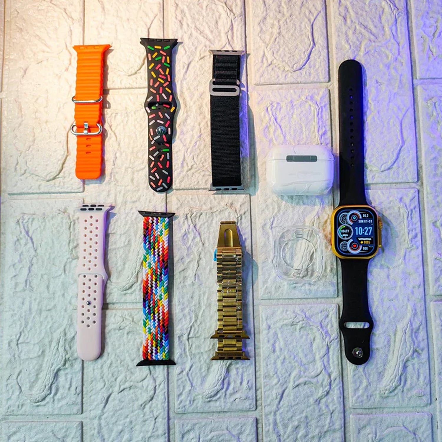 10-in-1 Ultra Smart Bluetooth Calling Smartwatch & Earphones Combo – Featuring a Transparent Screen Guard & 7 Stylish Straps (Mix color)