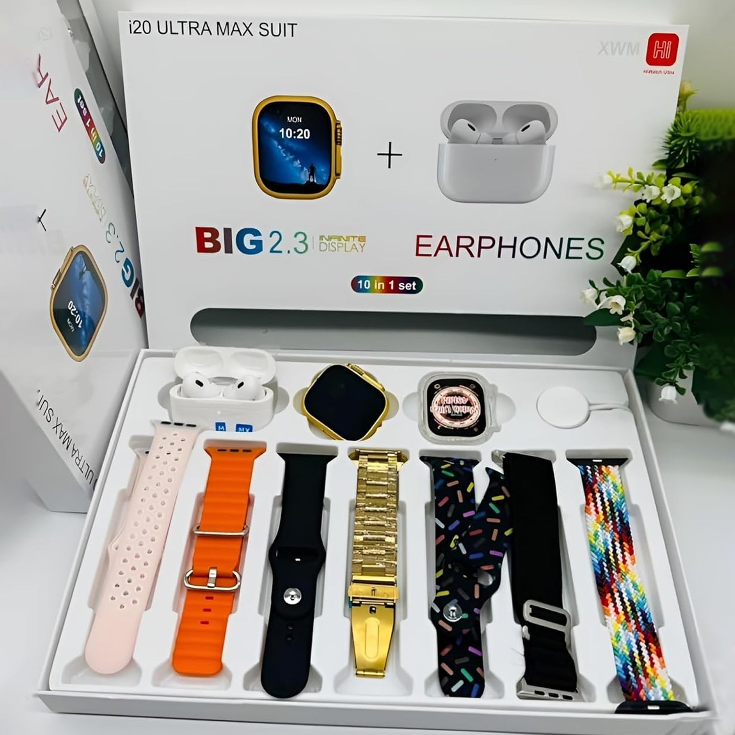 10-in-1 Ultra Smart Bluetooth Calling Smartwatch & Earphones Combo – Featuring a Transparent Screen Guard & 7 Stylish Straps (Mix color)
